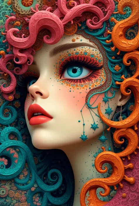 A vibrant close-up portrait of a  Feminine curves., where the skin is intricately composed of fractal patterns in vivid vintage colors like turquoise, burnt orange, and hot pink. Her eyes are striking, framed by delicate fractal shapes that extend outward,...