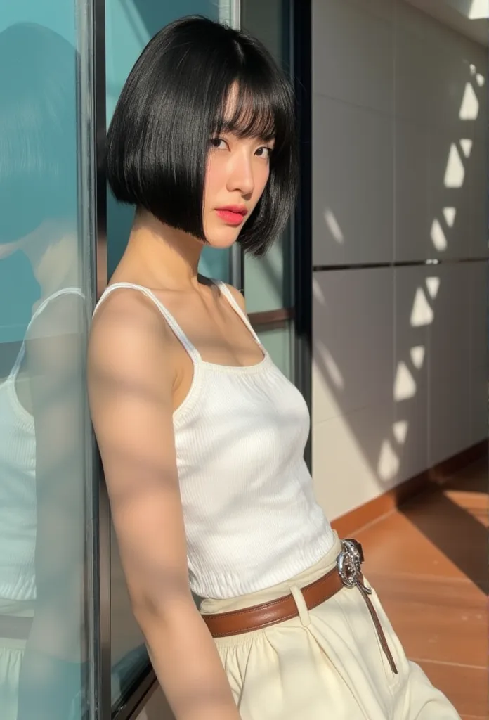 a photo of an thai woman wearing  a short black bob haircut. she is wearing a white tank top with strapper , the details of the ...