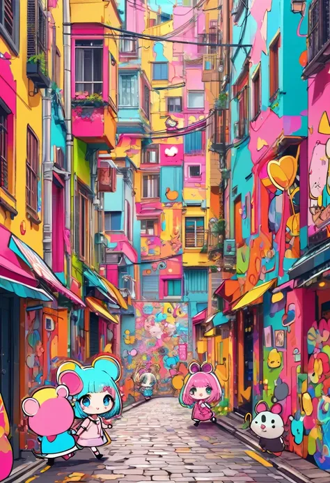 (masterpiece, best quality),pop-style art, kawaii,chibi-girl(mouse ear) walking through a doodle-like street,,cheerful,
,splash color, collage art, 