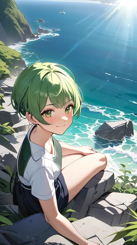 1 girl, ( cute face), ( pixie cut:1.2),  Fantasy Anime Costumes,  small breasts,  natural smile, break, Yakushima coast , ( bright sunlight:1.3), Blue sea and sky,  gentle waves , break,  plants on rocks ,  beautiful view,  free air , absurdres,  highres i...