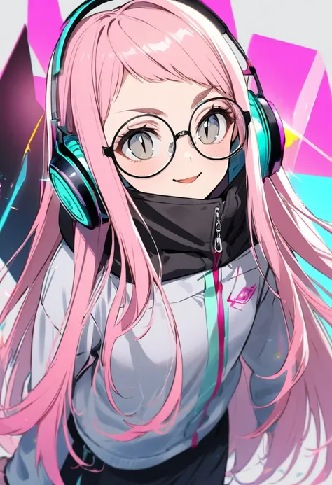 1 girl, young adult, 20 years old, Extra long hair, Straight hair, Short bangs above brows, pink hair, gray eyes, slit pupils, round glasses, futuristic headphones, Jubilant, flat chest, winter cyberpunk, prism, simple background