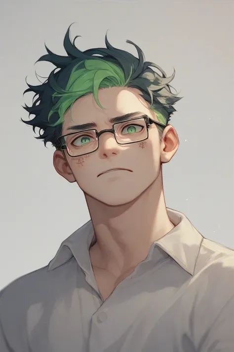 Ash colored hair　researcher　male性　Glasses　Green Eyes　Flying hair　Anxious face　White　male