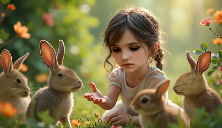 A young girl with beautiful detailed eyes, beautiful detailed lips, and extremely detailed face and features, reaching out with a light, bittersweet smile towards a group of nervous-looking animals, including a rabbit and birds, in a lush, dreamlike garden...