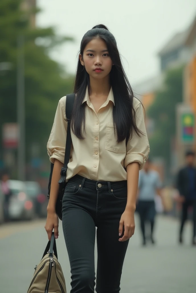 realistic, cinematic, Close-up, a beautiful Indonesian female student is going to campus, with a street and campus buildings in the background. She brings a bag, wore a cream shirt and black jeans, as well as sports shoes. She had long black hair tied up