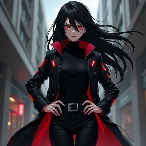 My hero academia oc Girl Black Hair free, Red eyes, Black Long Sleeve Shirt, Pants and Jacket touch red no Sexy