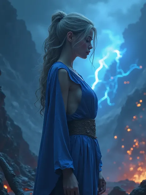 (Masterpiece. Rule oh third composition) A female sorcerer, age 20, 44d round natural perky breasts. amidst a Volcanic Pyroclastic Surge, with explosive force and billowing clouds of ash and fire. Use intense blue for the molten elements and silver for the...