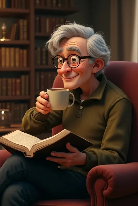 Grey-haired boy in a tuft smiling drinking coffee with glasses reading the Bible 
