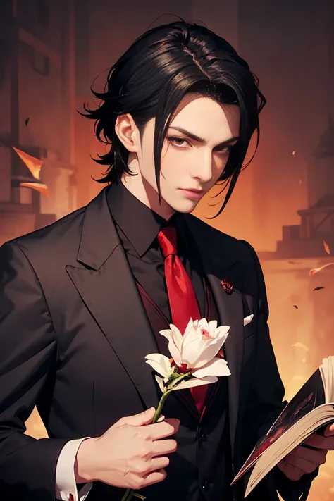 arafed image of a man with a dark suit and red tie, androgynous vampire, handsome male vampire, beautiful androgynous prince, handsome guy in demon slayer art, male vampire, delicate androgynous prince, alucard, anime portrait of a handsome man, vampire po...