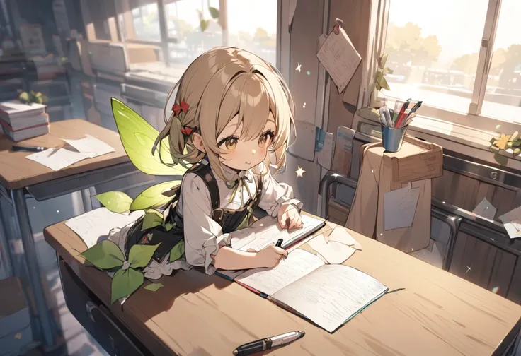 Little fairy on a desk with a pen in her hands.