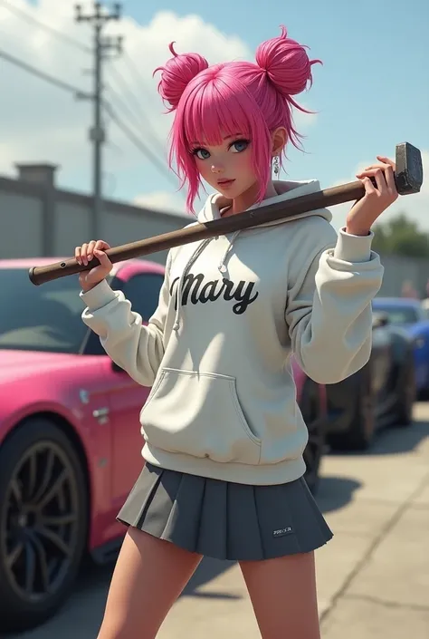 Two buns pink hair girl
Gta 5 character 
Carrying long sledge hammer
All sports cars behind in line
White hoodie with name mary
Grey skirt 



