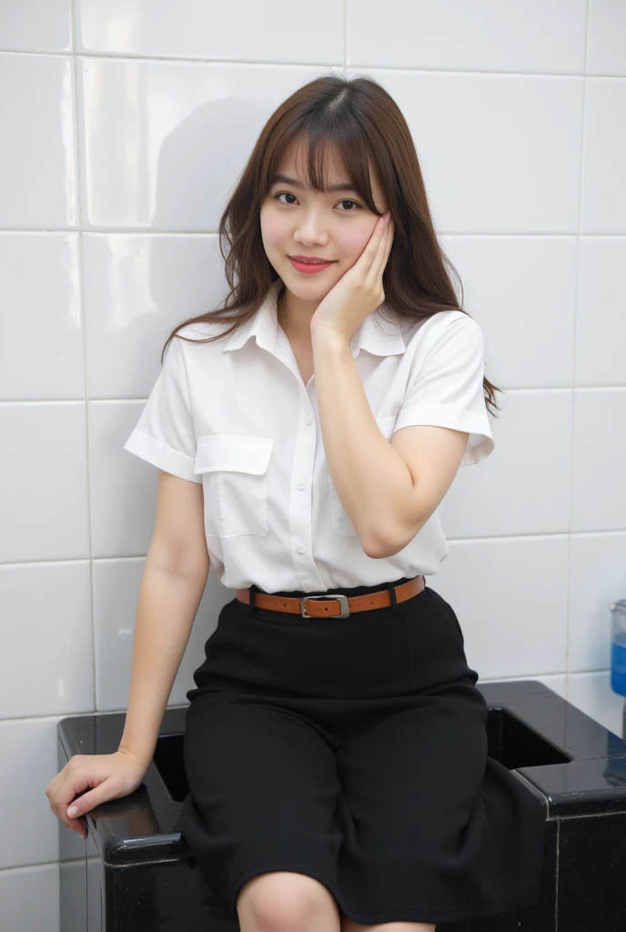 a young Asian woman beauty pose is seated on the edge of a black tiled bathroom sink. She is dressed in a short-sleeved white button-down shirt, a black skirt, and a brown belt. Her hair is long and cascades down to her shoulders. Her left hand is resting ...