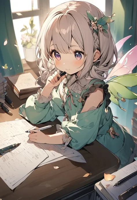 Little fairy on a desk with a pen in her hands.