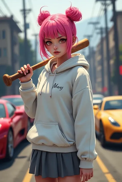 Two buns pink hair girl
Gta 5 character 
Carrying baseball bat
All sports cars behind in line
White hoodie with name mary
Grey skirt 



