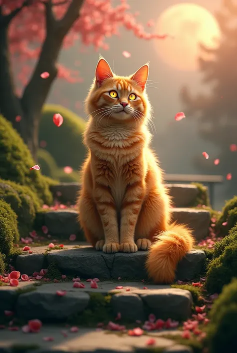  A cat is sitting on the stone steps of an ancient Japanese shrine。 the cat has a golden coat 、 sacred light envelops the surroundings 。 cherry blossom petals dancing around it 、 moss is growing on the stone steps 。The cats eyes glow mysteriously 、 it has ...