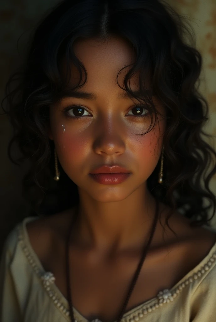 filipina girl from 16th century with tanned skin and curly hair crying 