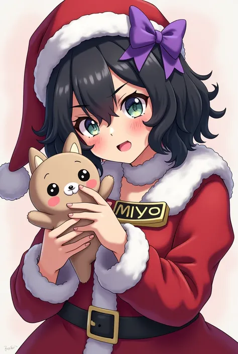  black semi-long curly hair curls 。 hair accessory with purple ribbon 。 naughty girl。 Santa cosplaying 。Costume with Myo letters 。 holding Kuromi-chan stuffed animal in hand、 collar with MYO plate 。