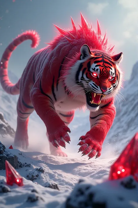 Create an intense, high-detail action scene featuring a powerful hybrid fusion of a saber-toothed tiger and a deep red ruby. The creature has the muscular build and sharp fangs of a saber-toothed tiger, with ruby- red, crystalized fur that glows in certain...