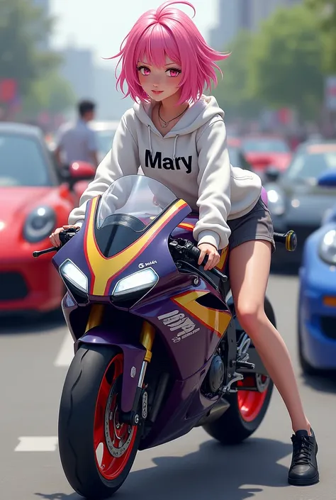 Two buns pink hair girl
Gta 5 character 
All sports cars behind in line
White hoodie with name mary
Grey skirt 
On a bmw s1000rr bike



