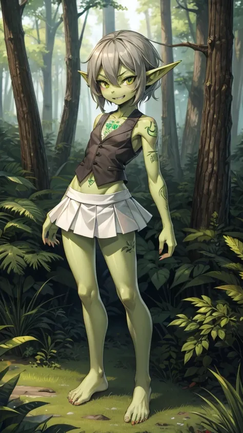 GRAY-HAIRED GREEN SKIN GIRL， Goblin ，Flat chest，Small individuals， Slim Fit ，White sleeveless vest，White skirt，Bare Legs，barefoot，Pointed nails，Fangs，Tattoo，Standing，forest