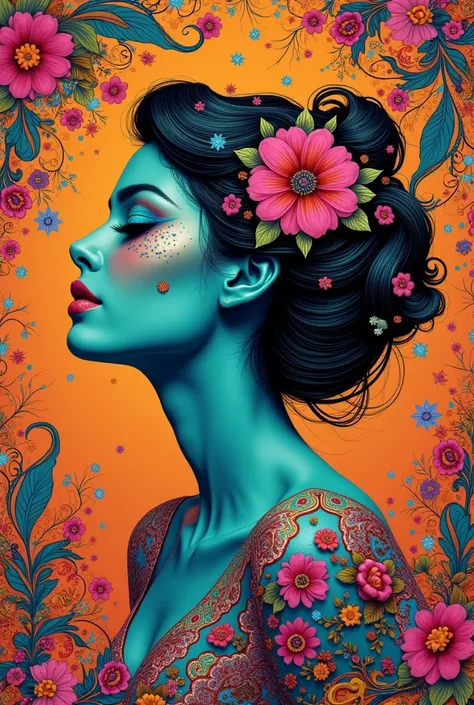 A vibrant portrait of a Feminine curves., where the skin is intricately composed of  in vivid vintage colors like turquoise, burnt orange, and hot pink. Her Feminine curves are striking, framed by delicate fractal shapes that extend outward, blending into ...