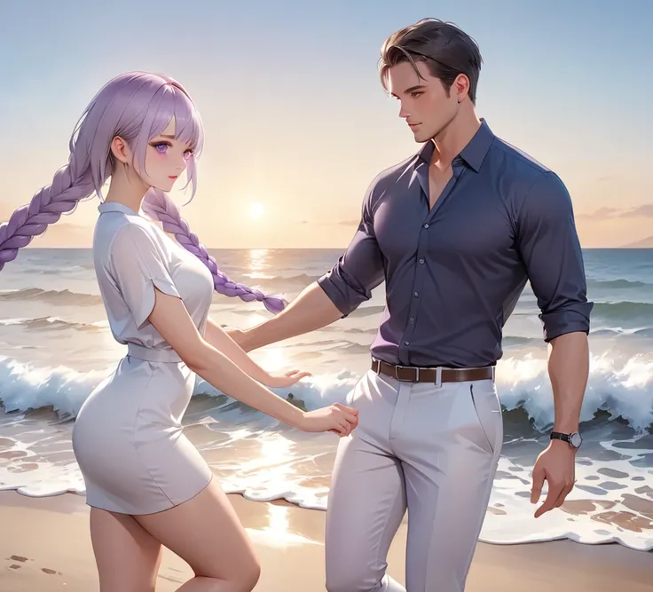 (masterpiece,  best quality), 8K,   super detailed , realistic pHoto,  delicate face , Perfect Light,  Purple Eyes ,  beautiful legs , side pHoto,  beautiful , Skin pores, A man， a woman( purple and white gradient double braids ), Perfect shirt, Dress neat...