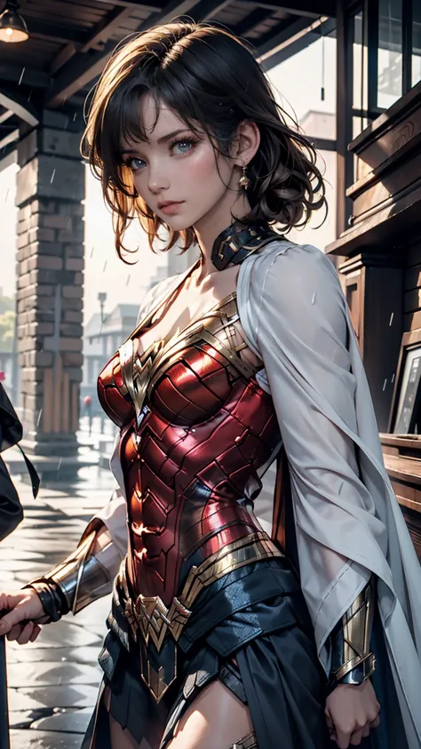  an 18 year old girl,  Wonder Woman Suit ,  short curl hair ,  blond hair,  Facial beauty, rain, roof, masterpiece,  exquisite details , perfect anatomy, fighting stance