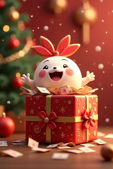 a gift, the gift has a cute cute joyful expression on the face, New Year&#39;s gift,  from which money is pouring in ,  Dollars , coins, a glowing gift ,  lots of red and gold, ornaments and a Christmas tree at the back 