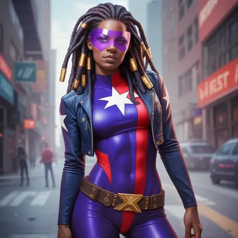  masterpiece ,  best quality ,  ultra high resolution ,  realistic skin texture, comics style, 4k image, beautiful,  an African-American girl , dreadlocks, belt, Alone, long hair, purple eyes,  superhero visor  , breasts,  looking at the viewer , purple ha...