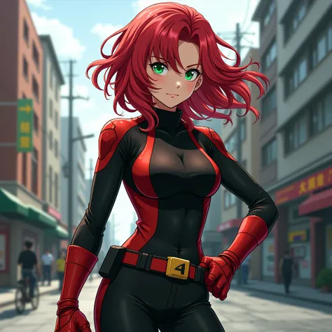 My hero Academia oc Girl Red hair free, Emerald Green Eyes, Black - Red Shirt, Black Pants No Sexy