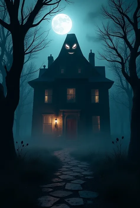 In creative 3D animation style "A dark, creepy mansion hidden in the depths of an eerie forest under a moonless sky. The mansion is old, with broken windows, a cracked front door, and bloodstains smeared on the walls. The surrounding trees are twisted and ...