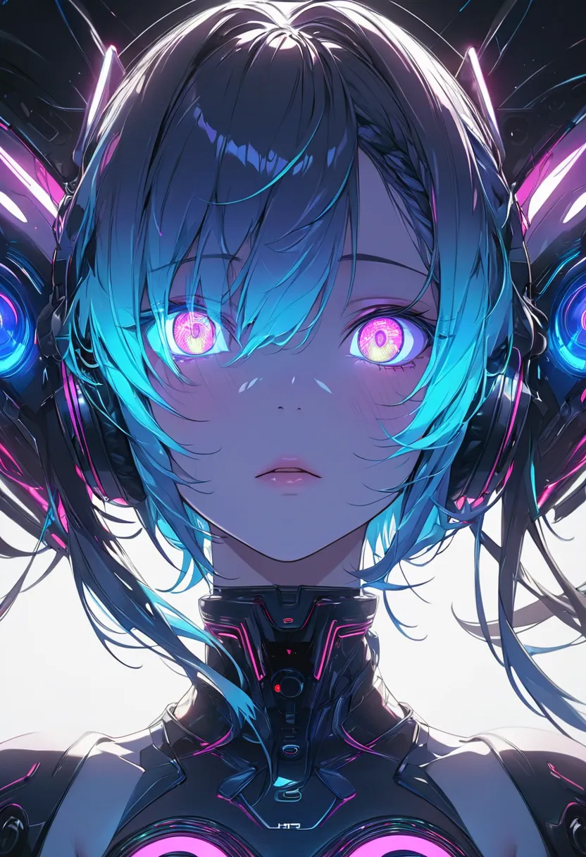 glowing eyes, colourful glowing hair, gradient hair, dj set, anime style, high detail, futurism, glowing light, uhd, retina, mas...