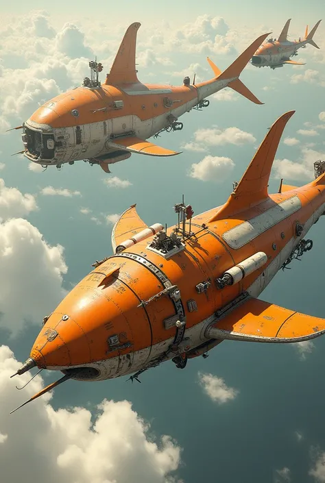 a technical study of airships in the sky. The shape of the airships resemble sea creatures. like fish, sharks, whales and kraken. The airships are orange and white, with gondolas and protruding devices, jet engines and propellers, made of recycled material...