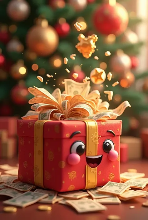 a gift, the gift has a cute cute joyful expression on the face, New Year&#39;s gift,  from which money is pouring in ,  Dollars , coins, a glowing gift ,  lots of red and gold, ornaments and a Christmas tree at the back 