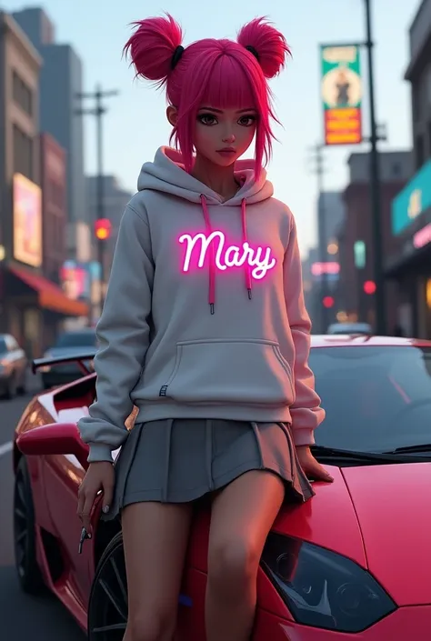 Two buns pink  hair girl
Gta 5 character 
White hoodie with name MARY NEON
Grey skirt 
On Lamborghini Aventador 
Ladies gangs behind 




