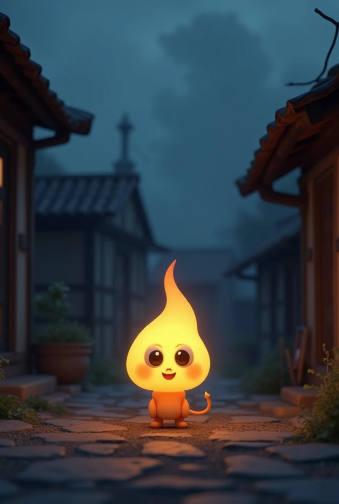 A 3D Disney Pixar-style scene featuring a small, charismatic lamp named Lume with large eyes and a determined look. He’s a gentle flame with a friendly face. In the background, a darkened village with rustic houses and thick clouds covering the sky. Dark c...