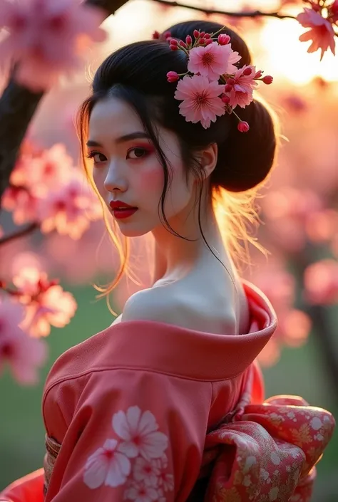 A serene evening in Japans blooming cherry blossom season. A stunning geisha, with a flawless and curvaceous physique, poses elegantly amidst a lush backdrop of vibrant pink sakura flowers. Soft, golden lighting wraps around her, accentuating her porcelain...