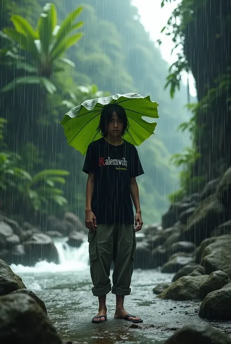 (photorealism:9:16), a young man is stunned  ,shelter with banana leaves ,  black hair all over , black t-shirt top with kalemwih writing ,  jogging pants underwear wearing flip flops,  the atmosphere of heavy rain  ,  background of flowing water plane, ar...