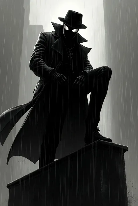 Spider-Man Noir, round white lenses, trench coat, fedora hat, black and white, raining, on building