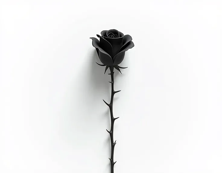  matte black rose, stalk with thorns, closed flower , white background