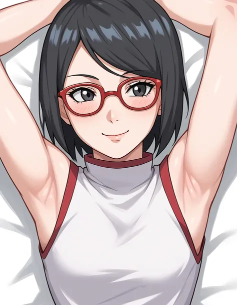 Boruto,(sarada uchiha, short hair, black hair, black eyes, red-framed eyewear, glasses, swept bangs:1.1)(Armpit,脇の皺:1.3)，(スチーム，スチームimg:1.1)， 赤いドレス,恥ずかしい,rest room,smile