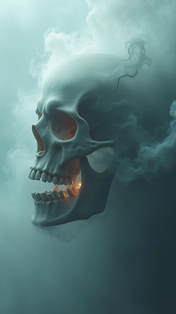 A surreal and captivating photo of a skull formed from a swirling mix of mist and vapor, blending seamlessly with the dense fog. The ethereal glow emanating from the skulls eye sockets adds a mysterious and supernatural touch. The jaw, appearing to be made...