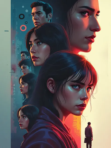 Vertical, cinematic digital painting of multiple characters arranged in a layered, collage-style composition, all aligned vertically on the right side of the image. At the bottom right, a main character with a fierce expression stares directly at the viewe...