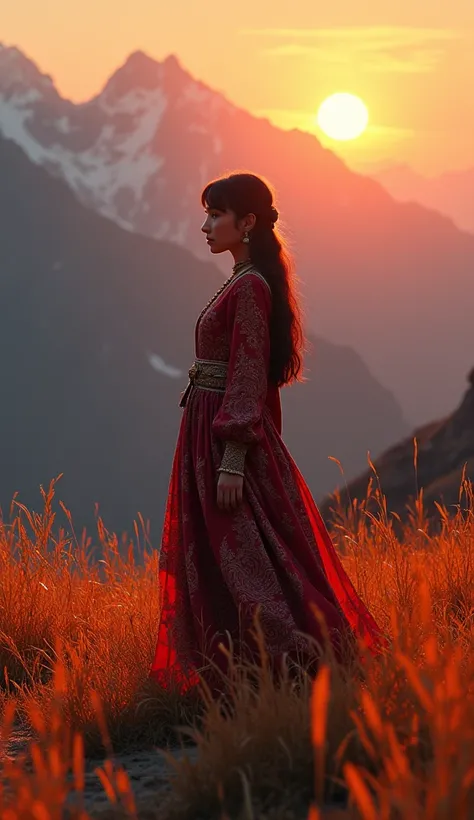 22 year old kohistani girl in kohistan fire grass in mountain sunrises time