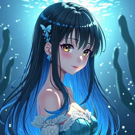 1girl, Long Straight Hair, Hime cut hair, Gradient Hair, Black Hair with blue highlight gradient, blue gills, Mermaid feature, brown eyes, fair skin, anime style