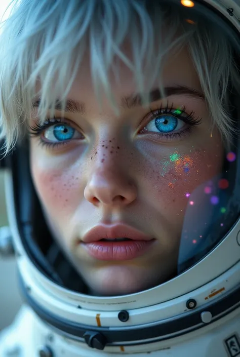 (Close-up of a better masterpiece :1.5)0.9], (Espace et astronautes :1.2) (Messy silver hair :1.1) (Xanthochromic heterochromia and blue eyes :1.2) (Casque spatial :1.0) (Étoiles colorées dans les yeux :1.0) (Un éclat rayonnant :1.1) ( thick lips  :0.9)