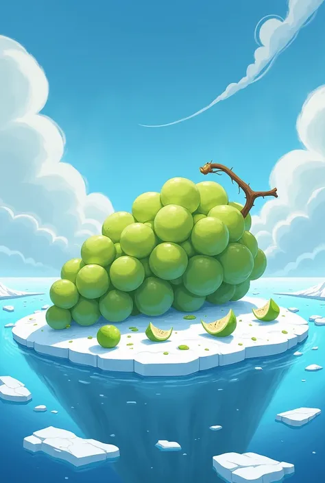 a stylised and fantasy art style of an ocean, in the middle of the ocean there is a frozen arctic island, and smaller frozen parts around, blue sky and white clouds, on the island there is a giant green grape laying on the snow, with smaller grape pieces s...