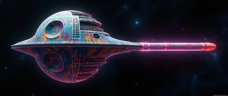 Death star with giant futuristic rifle barrel at the barrel, covered in rainbow batik pattern and glowing rainbow rune symbols