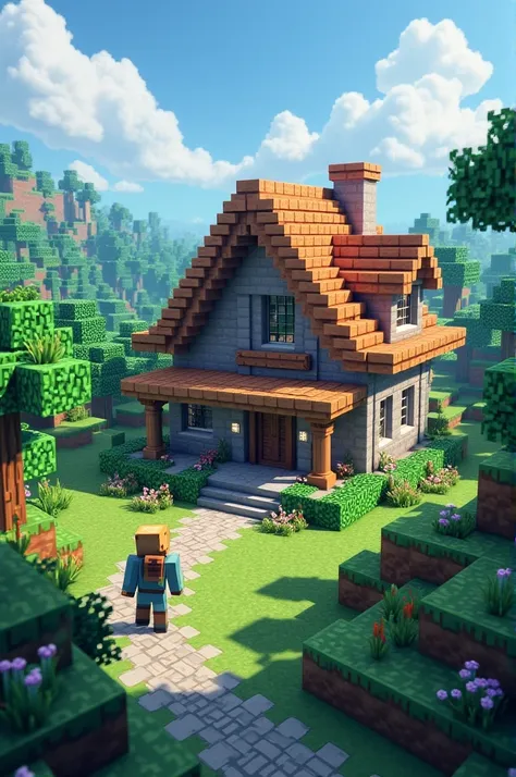 Wander tumne of Minecraft showing a beautiful house with Steve wearing full diamond armour make it more attractive