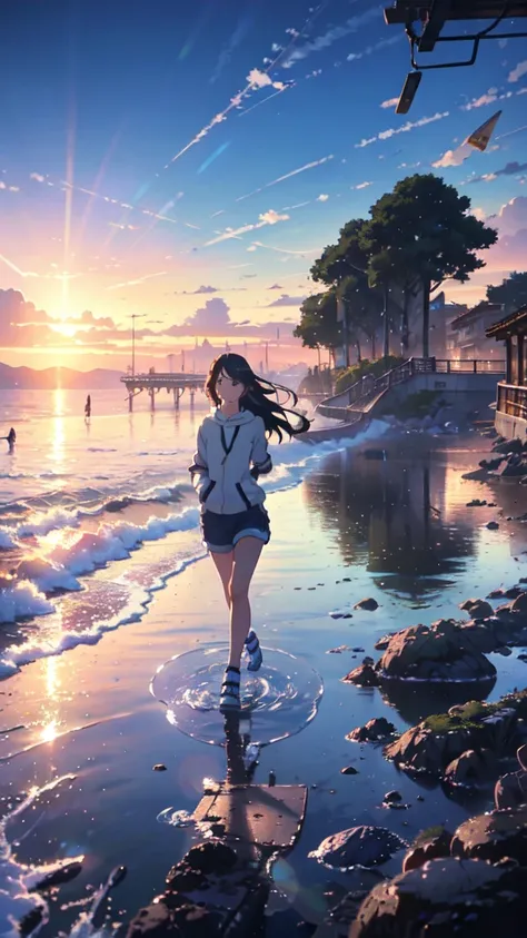  High Quality Masterpiece  ，landscape，Reflector。 Works by Makoto Xin Haicheng,  beautiful anime scene , anime landscape, Detailed landscape ,  Animation of a train running over  , Makoto Shinkai style，Blue Sky,morning, Photo Elements  　Seaside　pier　 casual...