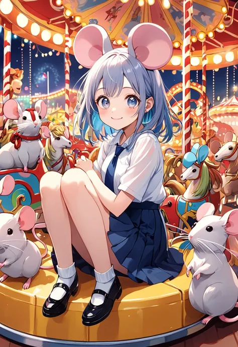 (masterpiece, best quality),crisped illustration,A colorful and pop-art style illustration of an amusement park carousel, but instead of horses, each carousel figure is an adorable, oversized mouse. The mice are cute with big eyes, round noses, and a frien...